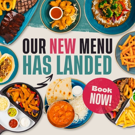 A graphic banner promoting the new menu coming to Flaming Grill venues 'Our new menu has landed.'