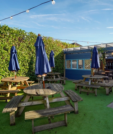 The beer garden at the Woodman Inn.