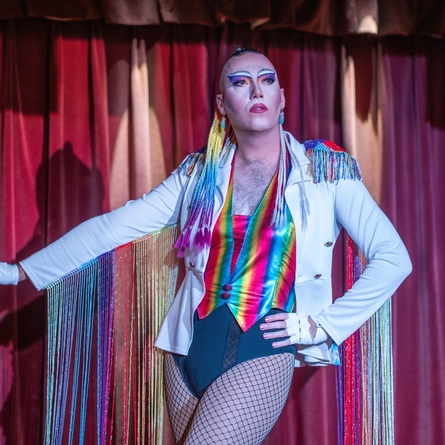 An interior image of one of the drag queen performers on the live event stage during Pride Weekend at The City Of Quebec.