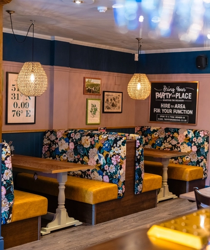 Interior restaurant and seating area of the Buff