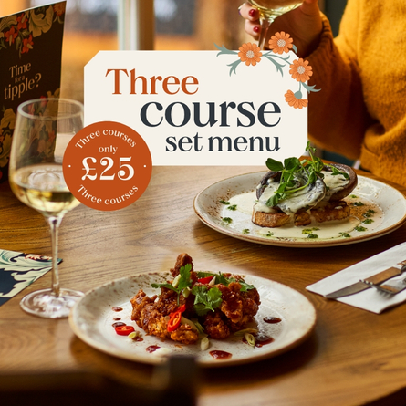 A 768x768 sized Web Homepage promo Banner advertising a 3 Courses for £25 offer at Chef & Brewer venues.