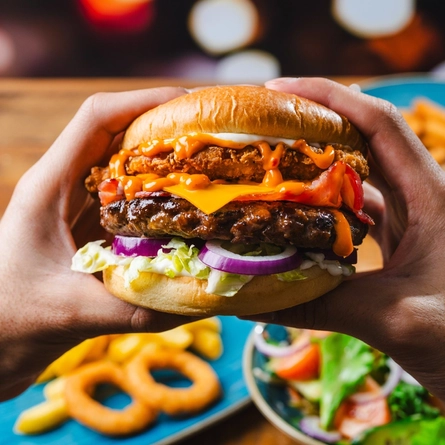 A image of a Signature Burger being held, served at Flaming Grill venues.