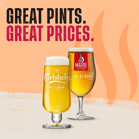A banner featuring Carlsberg and Madri served in stemmed pint glasses, below the words "Great Pints, Great Prices", on a beige and orange background.