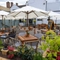 The exterior beer garden seating area of The Hollybush in Lichfield, with shade umbrellas and potted plants on each of the wooden tables, and wooden planter boxes containing plants, flowers, and lanterns.