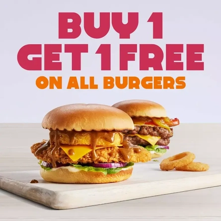 Buy one get one free burgers on selected burgers