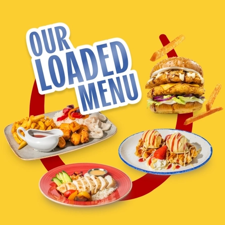 Promotional graphic reading “Our Loaded Menu” surrounded by menu items including loaded chips with chicken and sauces, a stacked chicken burger, sliced chicken with rice and salad, and waffle desserts topped with ice cream and strawberry sauce, on a yellow background with a red horseshoe graphic.
