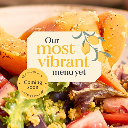 Close-up of a fresh summer salad with roasted vegetables and leafy greens, overlaid with the text “Our most vibrant menu yet” and a circular badge reading “New summer menu coming soon.” For Chef and Brewer venues.