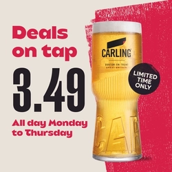 A graphic promoting "Deals on Tap" for Carling at Flaming Grill.