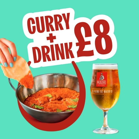 A graphic banner advertising 'curry and a drink only £8.00' at Hungry Horse venues 