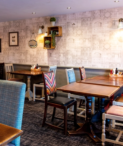 Interior dining area of a pub.