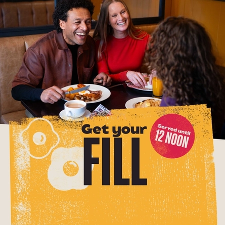A graphic promoting 'get your fill' breakfast at Flaming Grill.