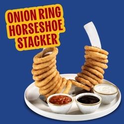 A banner promoting the Onion Ring Horseshoe Stacker as part of the Grill Monday campaign at Hungry Horse venues.