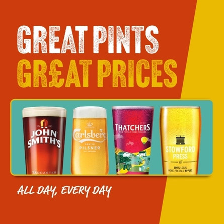A graphic promoting 'great pints great prices' at Proper Locals.