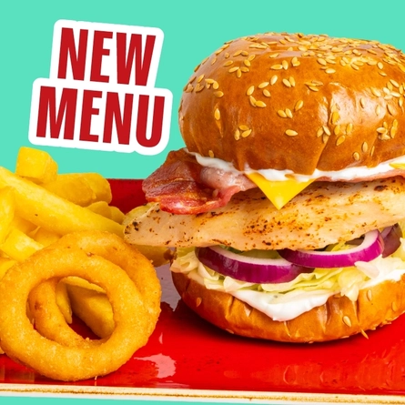 A banner showing the words "New Menu" on a close up image of a burger served on a plate with fries and onion rings, promoting the new Hungry Horse menu.