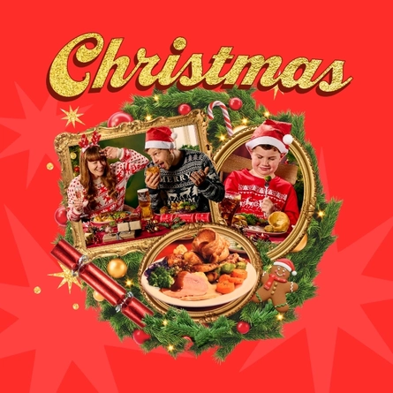 A banner showing the word "Christmas" in golden cursive letters, above a Christmas wreath containing images of two adults and a child enjoying Christmas dinner, and a close up view of a plate of Christmas dinner. The text and images sit on a red background and are surrounded by gold stars.
