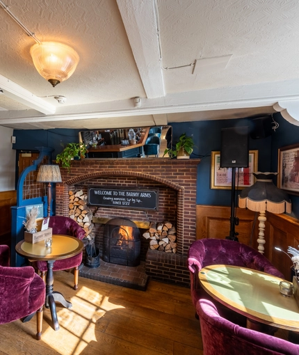 Interior seating area with fireplace
