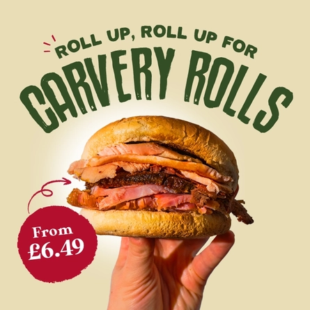 A banner showing a hand holding up a Farmhouse Inns Carvery Roll, below the words "Roll up, roll up for Carvery Rolls". A curly red arrow points from a red circle with the words "From £6.49" to the roll.