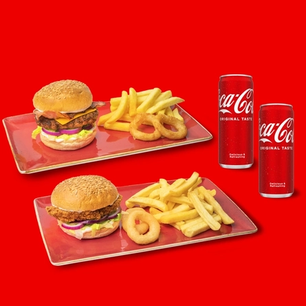 A packshot featuring a Burger Bundle consisting of 2 Burger dishes and 2 cans of Coca-Cola available for delivery from Hungry Horse venues.