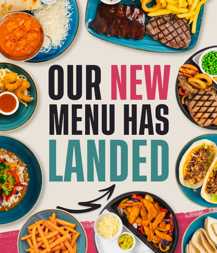 A graphic banner promoting the new menu coming to Flaming Grill venues 'Our new menu has landed.'