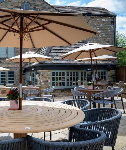 The exterior beer garden and seating area at the Old Mill.