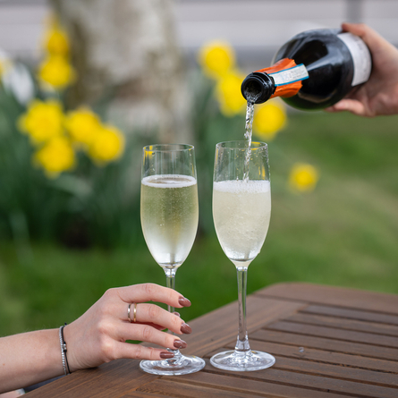 Two prosecco glasses and a hand holding the bottle pouring into the right hand glass. Image taken outside.