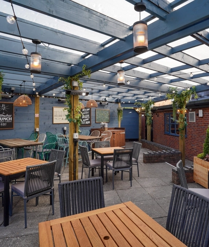 The beer garden at the Woodman Inn.
