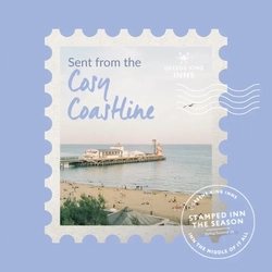 A Hotel Stamps graphic showing an beach and pier to advertise locations of Greene King Inns.