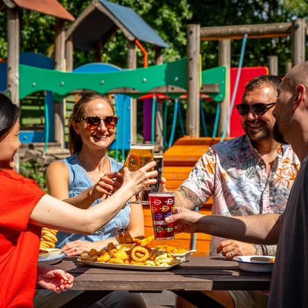 A mixed group sitting at an outside table with food, holding drinks in a cheers pose.