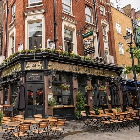 External view of a pub and outdoor seating area