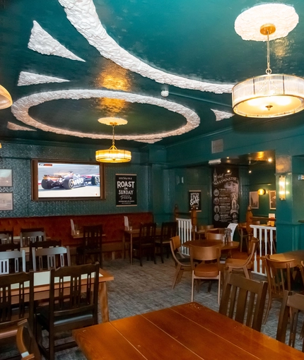 Interior of the pub in the seating area.