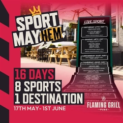 A banner promoting the Sports Mayhem Campaign in select Flaming Grill venues.