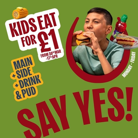 A banner promoting the Kids Eat for £1 from 30th March to 17th April at Hungry Horse venues.