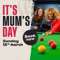 A banner showing two people playing a game of pool, promoting Mother's Day at Flaming Grill venues.