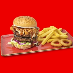 A packshot featuring a plated Smoke House Hash Signature Burger dish available for delivery from Hungry Horse venues.