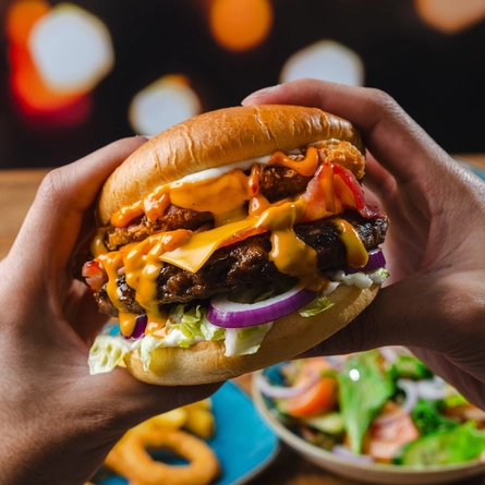 A image of a Signature Burger being held, served at Flaming Grill venues.
