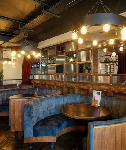 interior seating area, booth and restaurant