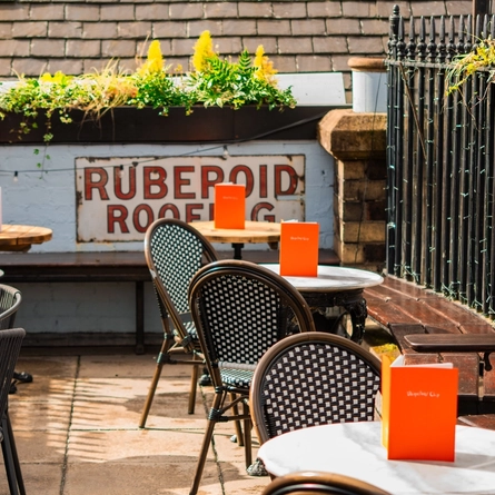 The exterior beer garden and seating area at the Ubiquitous Chip.