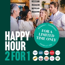 A banner promoting a limited time Happy Hour 2 for 1 deal from Monday-Thursday 4pm-7pm. The banner features the logos for Peroni, Lucky Saint, Beefeater gin, Coca-Cola, Fever-Tree, Schweppes, Abbot Ale, Hazy Day IPA, Level Head IPA, and Greene King IPA, and an image of four people standing at a bar while holding drinks.