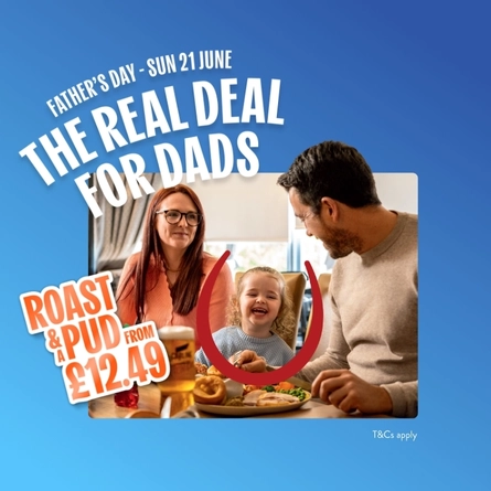 A banner promoting a Roast and a Pud for £12.49 as part of the Father's Day campaign at Hungry Horse venues.