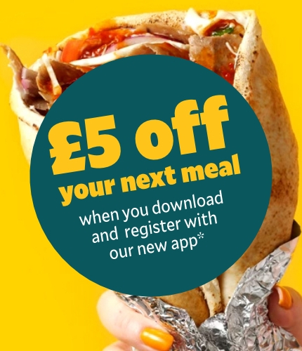 A graphic promoting 'save £5 on your next meal when you download and register with our new app.'