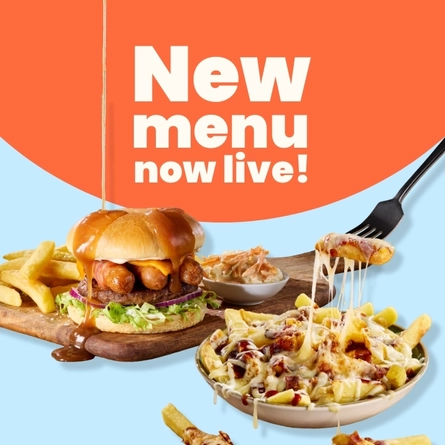 A banner showing the words "New menu now live!" above images of a burger, chips, coleslaw, and loaded fries.