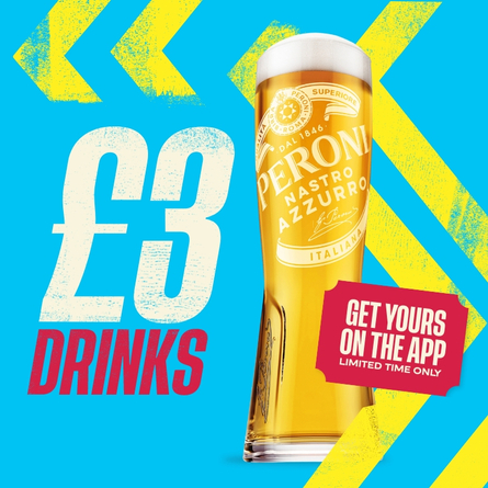 A graphic banner promoting '£3.00 drinks, get yours on the app, limited time only.' with a pint of Peroni at Flaming Grill venues.