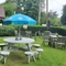 exterior beer garden of a pub with a seating area