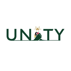 Dark green word ‘UNITY’ in bold capital letters, with the letter ‘I’ formed by two clasped hands of different colours. Above the hands is a small gold crest marked ‘1799’. The design emphasises unity and support.