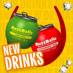 Promotional graphic reading “New Drinks” featuring BuzzBallz Lime ’Rita and Strawberry ’Rita ready-to-drink cocktails, displayed with ice cubes on a yellow background with a red horseshoe graphic