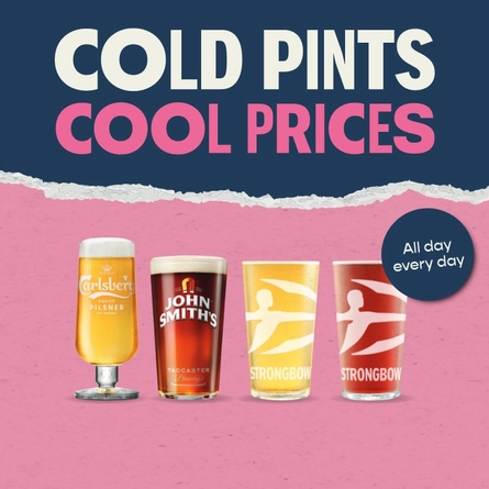 A graphic promoting 'cold pints cool prices' for Pub and Social.