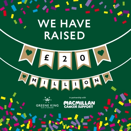 A graphic that says 'We have raised £20 million for Macmillan'.