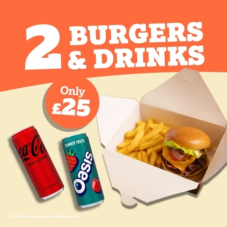 A banner featuring images of a burger and fries inside a takeaway box, a can of Coca-Cola Zero Sugar, and a can of Oasis drink, below the words "2 Burgers & Drinks, Only £25".