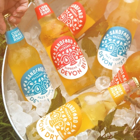 An advertising image of 6 bottles of Sandford Orchards cider, consisting of 3 bottles of Devon Red, 2 bottles of Devon Mist and 1 bottle of Devon Dry sat in an ice bath within a grass orchard for Crafted.
