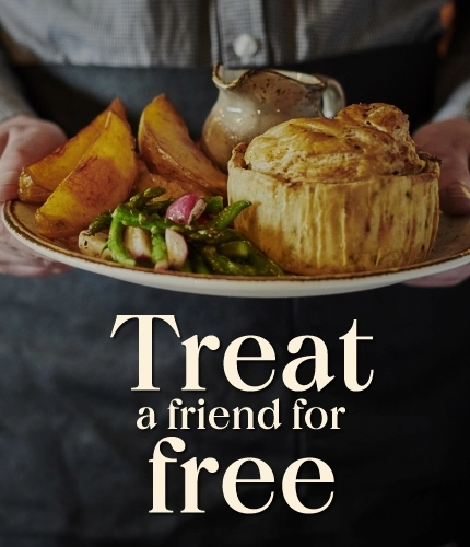 A banner which says 'Treat a friend for free'.
